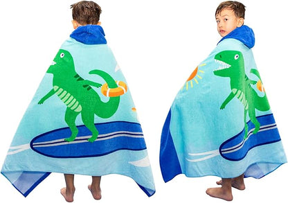 BANGSAUR Kids Hooded Beach Bath Towels, 100% Cotton 50"x30" Wrap Towel, Toddlers Boys 3-12 Years Coverup Towel Surfing T-rex