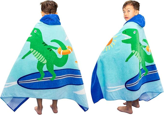 BANGSAUR Kids Hooded Beach Bath Towels, 100% Cotton 50"x30" Wrap Towel, Toddlers Boys 3-12 Years Coverup Towel Surfing T-rex