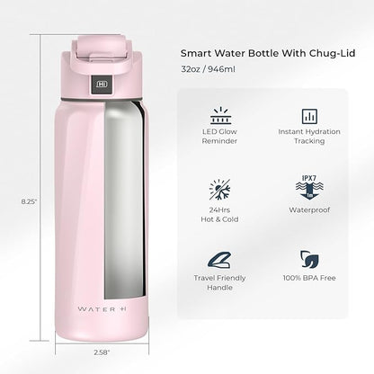 BOOST Smart Water Bottle with Reminder to Drink Water & Water Tracker Bottle - Double Wall Vacuum Insulated Water Bottle Stainless Steel, Wide Mouth 32 oz Water Bottles, Ideal for Gift - Pink