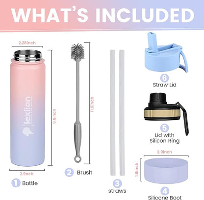 Water Bottle 22oz, Triple Walled Insulated Stainless Steel Reusable Bottle, Silicone Sleeve, Cleaning Brush, 2 Lids (Spout lid & Straw lid w/2 straw), Metal Mug Gallon, BPA Free, Pinky