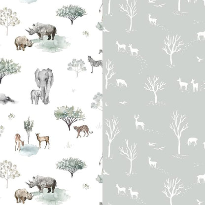 Stretch Ultra Soft Jersey Knit Fitted Pack n Play Sheets Set 2 Pack, Portable/Mini Crib Sheets for Boys and Girls, Pretty African Savannah Animals Pattern