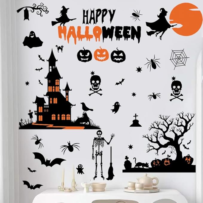 Happy Halloween Witch Wall Decals Halloween Moon Bat Wall Stickers Witch Bats Spiders Pumpkin Lantern Cat Halloween Window Decals Party Decorations.