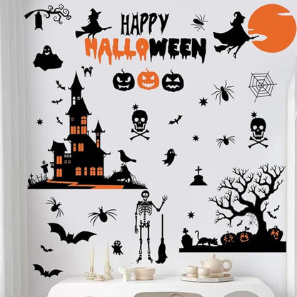 Happy Halloween Witch Wall Decals Halloween Moon Bat Wall Stickers Witch Bats Spiders Pumpkin Lantern Cat Halloween Window Decals Party Decorations.