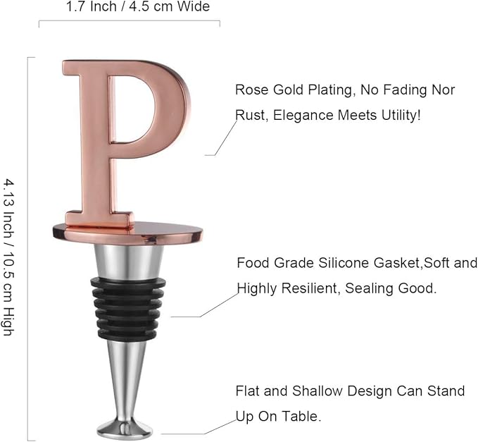 Miicol Wine Stopper, Prosecco Stopper, Wine Bottle Stopper, Personalised Champagne Stopper, Rose Gold Wine Accessories, Wine Lovers Gift, Monogram Gift, Letter P