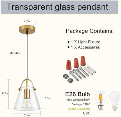 Brass Pendant Lights Kitchen Island,Modern Design Clean Clear Farmhouse Glass Pendant Light,Light Fixture Kitchen Pendant Medium Hanging Light Fixture for Sink A60 Bulb Recommened