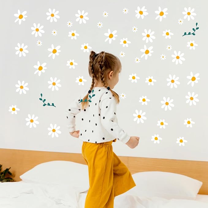 96pcs Cute Daisy Flowers Wall Sticker PVC Colorful Y2k Floral Wall Decor Vinyl Peel and Stick Flowers Stickers for Teen Girls Boy Kids Nursery Bedroom Kindergarten(12 Sheets)