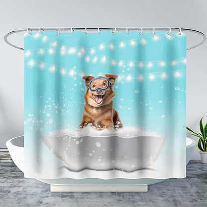 AILONEN 3D Bathtub Dog Shower Curtain for Kids 72" W*78" H Inch,Kawaii Diving Dog Sitting in a Bathtub Shower Curtain,12 Pack Hooks Polyester Waterproof Fabric Decor for Bathroom Bathtub Panels