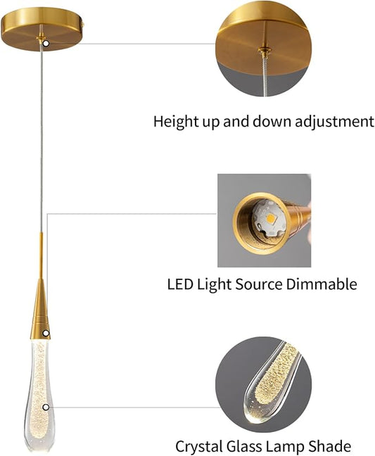 LMQNINE Kitchen Light Fixtures Ceiling Dimmable LED Modern Gold Pendant Light Mini Teardrop Crystal Pendant Light for Kitchen Island Bedroom Hallway Entryway (2-Pack)