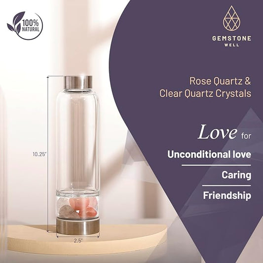 Crystal Water Bottle Elixir Set | Genuine Authentic Rose Quartz & Clear Quartz Healing Gemstones | Black Neoprene Sleeve | Drink Gem Infused Water
