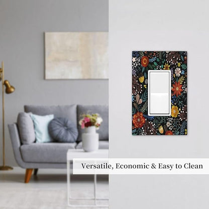 Colorful Flower Boho Floral Rustic Dark Leaves 1 Gang Rocker Light Switch Covers Single Decora Outlet Wall Plate Decorative Switchplate Faceplate GFCI for Farmhouse Country Bedroom Kitchen Decor