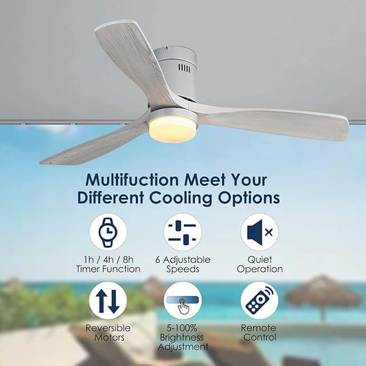 Sofucor 52" Flush Mount Ceiling Fan with Lights Remote Control, Outdoor Indoor Ceiling Fans with Lights, Dimming Lighting, Quiet Energy Saving with 6 Speeds, Timer, Silver