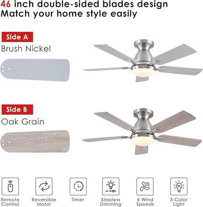 Ceiling Fans with Lights and Remote/APP Control,46" Flush Mount Ceiling Fan Dimmable DC Motor，Low Profile Ceiling Fan for Bedroom,Living Room,Brushed Nickel