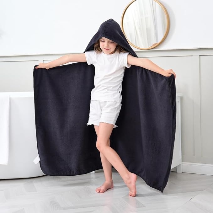 Hiturbo Kids Hooded Bath Towel: 100% Cotton Soft Thick Absorbent Towels Wrap - 50"x30" Shower Beach Pool Wearable Blanket for 3-12 Yrs Boys Girls - Black