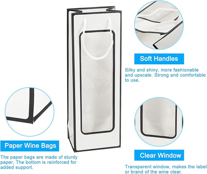 uxcell Wine Bags, 12pcs 4.92"x3.35"x14.2" Wine Gift Bags with Rope Handles, Paper Wine Tote Bag with Clear Window for Wedding Birthday Christmas, White Black