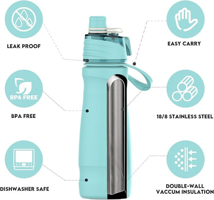 Misting Water Bottle, 24oz Insulated Water Bottle, 2-in-1 Mist & Sip Stainless Steel Water Bottles, Thermo for Hot Drinks/Cold Drinks, Sports Water Bottle for Hiking, Running, Gym, Teal Blue