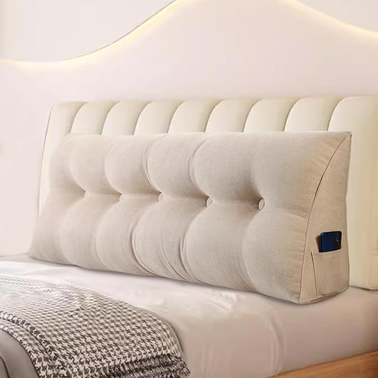 Large Triangular Headboard Pillows Long Backrest Positioning Support Bolster Cushion for Daybed Fluffy Quality Plush Body Wedge Pillow with Removable Cover(Beige-Queen-59x8x20in)