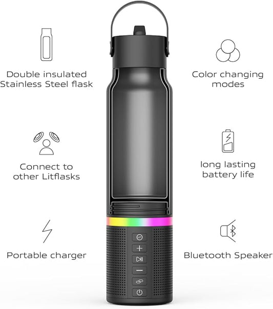 Smart Water Bottle with Premium Bluetooth Speaker, Portable Charger, LED Light, Hands-Free Mic, Insulated Stainless Steel, Straw Lid, BPA-Free, 20oz - Mix & Match Colorways