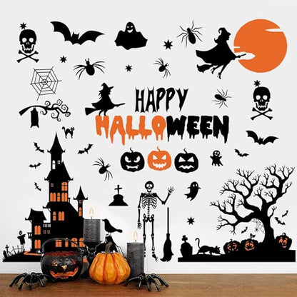 Happy Halloween Witch Wall Decals Halloween Moon Bat Wall Stickers Witch Bats Spiders Pumpkin Lantern Cat Halloween Window Decals Party Decorations.