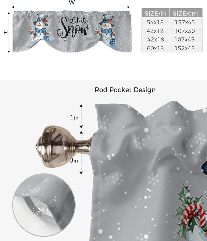 Snowman Christmas Blackout Tie Up Valance Curtains for Kitchen Windows Let It Snow Winter Holiday Window Toppers Balloon Shades for Living Room/Bathroom/Bedroom,1 Panel, 42" X 12", Grey White