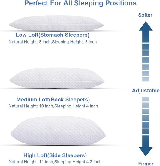 Shredded Memory Foam Pillows for Sleeping 2 Pack - Cooling Bed Pillows King Size Set of 2 - Medium Frim Gel Pillows for Side & Back Sleeper with Washable Removable Cover