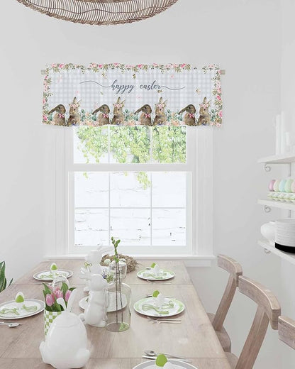 Rabbits Flowers Easter Kitchen Curtains Valances for Windows Eucalyptus Leaf Spring Summer Rod Pocket Window Treatment for Kitchen /Living Room/Bedroom/ Bathroom, 42" X 18", Grey White Buffalo Plaid