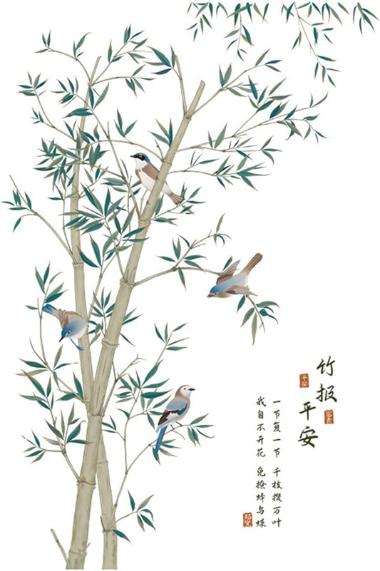 Large Bamboo Wall Stickers, Removable DIY Green Plants Flying Birds Wall Murals Peel and Stick 3D Wall Art Stickers Home Decor for Gilrs Bedroom Nursery Rooms Living Room