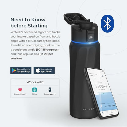 BOOST Smart Water Bottle with Reminder to Drink Water & Water Tracker Bottle - Double Wall Vacuum Insulated Water Bottle Stainless Steel, Wide Mouth 32 oz Water Bottles, Ideal for Gift - Black