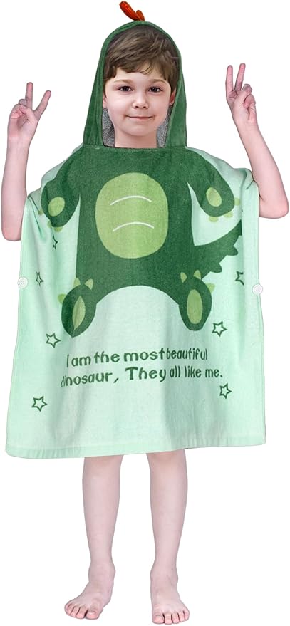 Toddler Bath Towel Hooded - Cotton Kids Beach Towel 24"x24" for Ages 1 to 5, Toddler Towels with Hood Snaps, Soft Terry Poncho Towel as Pool Swim Cover Ups for Girls Boys (Dino Green)