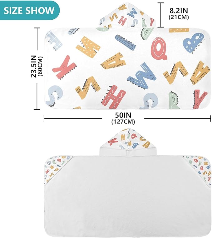 Kids Hooded Beach Towel, Cute Dinosaur Alphabet Print Beach Bath Towel with Hood for Boys Girls 50"x23.5", Soft Absorbent Quick Dry Beach Swim Pool Towel for Toddler