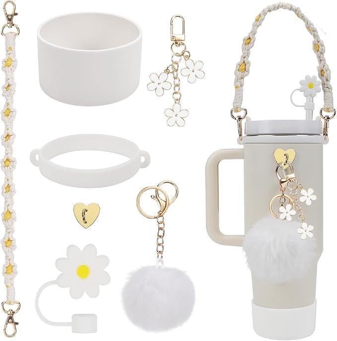 7PCS Water Bottle Cup Accessories Set for Stanley Cup 40oz & 30oz Tumbler, Including Water Bottle Handle Strap, Silicone Cup Boot, Silicone Straw Cover, Keychain Charms(White)