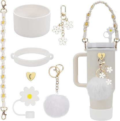 7PCS Water Bottle Cup Accessories Set for Stanley Cup 40oz & 30oz Tumbler, Including Water Bottle Handle Strap, Silicone Cup Boot, Silicone Straw Cover, Keychain Charms(White)