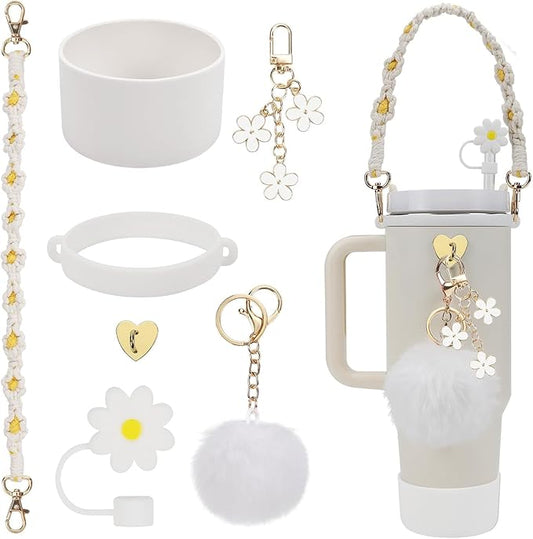 7PCS Water Bottle Cup Accessories Set for Stanley Cup 40oz & 30oz Tumbler, Including Water Bottle Handle Strap, Silicone Cup Boot, Silicone Straw Cover, Keychain Charms(White)