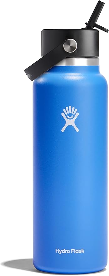 HYDRO FLASK Wide Mouth vacuum insulated stainless steel water bottle with leakproof closeable straw lid for cold water drinks, sports, travel, car and school