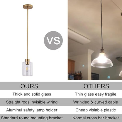 Brass Pendant Lights Kitchen Island,Modern Farmhouse Clear Glass Pendant Light,Gold Light Fixture Kitchen Pendant Mini Hanging Light Fixture for Sink (Brass 2 Pack stem Rod)