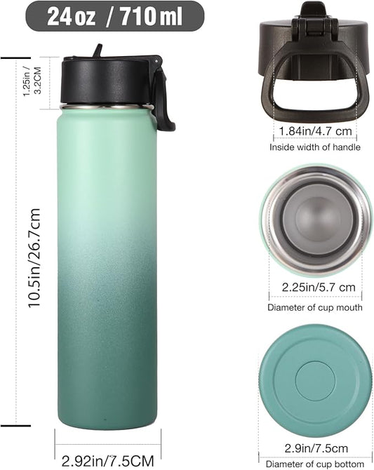 Volhoply 24oz Insulated Water Bottle With Straw Bulk 6 Pack,Metal Wide Mouth Water Bottles With Handle Lid Keep Cold,Reusable Double Wall Thermos,Powder Coated Sport Bottle For Holder(Mojito,6 Count)