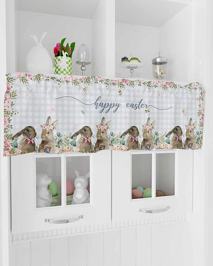 Rabbits Flowers Easter Kitchen Curtains Valances for Windows Eucalyptus Leaf Spring Summer Rod Pocket Window Treatment for Kitchen /Living Room/Bedroom/ Bathroom, 42" X 18", Grey White Buffalo Plaid