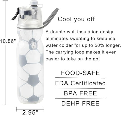 Soccer Water Bottles Gifts for Boys Girls Misting Sports Water Bottle for Kids School 20 oz Insulated Leak Proof Mist and Sip Waterbottle