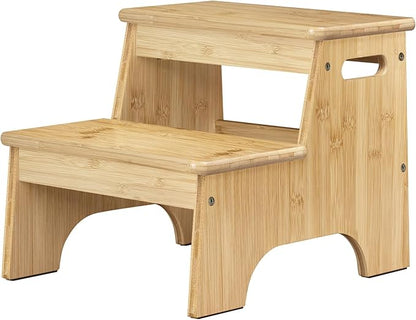 Forbena Wooden 2 Step Stool for Toddlers, Heavy Duty Kids Step Stool for Bathroom Sink Kitchen Counter, Bamboo Wood Non-Slip Kid Children Potty Stepping Stool Seat with Handles for Toilet Bed