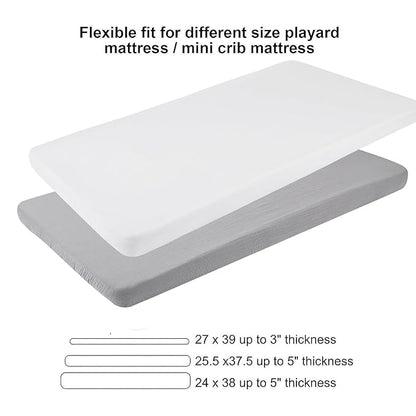 Muslin Pack n Play Sheets Soft Breathable 100% Cotton Mini Crib Fitted Sheets Portable/Convertible Playard Mattress Cover 2 Pack for Baby Boy and Girl, White and Grey