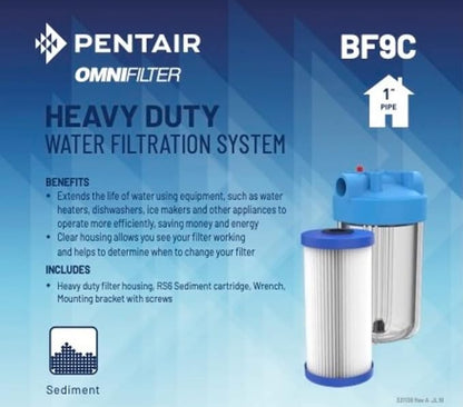 Pentair OMNIFilter BF9C Water Filter System, 10" Whole House Heavy Duty Filtration System, 1" NPT, Includes 10" Clear Heavy Duty Housing, RS6 Sediment Reduction Cartridge and All Tools