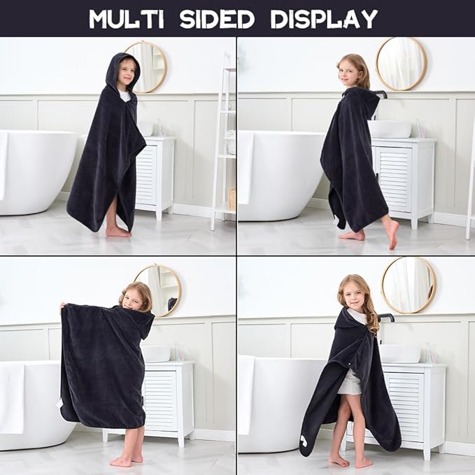Hiturbo Kids Hooded Bath Towel: 100% Cotton Soft Thick Absorbent Towels Wrap - 50"x30" Shower Beach Pool Wearable Blanket for 3-12 Yrs Boys Girls - Black