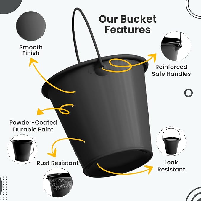 Small Metal Buckets with Handle 6 Pcs – Galvanized Bucket Leak Proof & Rust Resistant 48 fl oz Capacity - Best for Party Décor, Halloween & Decorating Classrooms (Black, Large 6.3" Top)