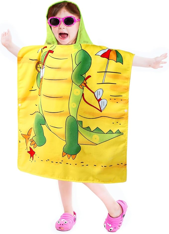 Kids Crocodile Hooded Beach Towel Boys Cute Poncho Pool Towels with Hood 24*47 in Soft Microfiber Swim Cover-ups for Kids Ages 3-10 Thick Absorbent Cotton Hooded Bath Towels Wrap Bathrobe