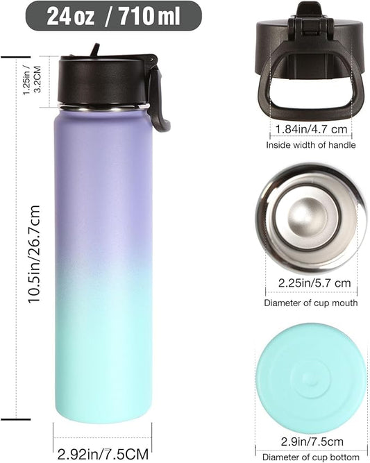 Volhoply 24oz Insulated Water Bottle With Straw Bulk 6 Pack,Metal Wide Mouth Water Bottles With Handle Keep Cold,Reusable Double Wall Thermos,Powder Coated Sport Bottle For Holder(Purple Blue,6 Count)