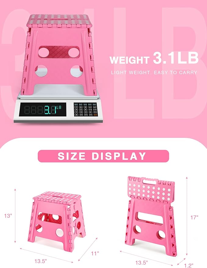 Non-Slip Folding Step Stool - 13 inch Height Heavy Duty Foldable Stool for Adults Kids, Plastic Step Stool Camping Stepping Stool - Pink