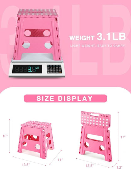 Non-Slip Folding Step Stool - 13 inch Height Heavy Duty Foldable Stool for Adults Kids, Plastic Step Stool Camping Stepping Stool - Pink