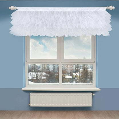 White Tulle Valance Ruffle Kitchen Valance for Bathroom Bedroom Coffee Shop Kids Nursery Room Window 52×16 inch