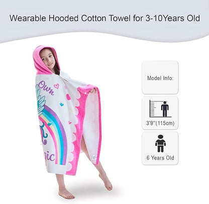VOOVA & MOVAS Kids Towels with Hood Age 3-10, Soft | Thick | 100% Cotton | Absorbent | Large Wrap| Cover Up, Perfect for Beach, Pool, Bath, Swim, White Magic Unicorn