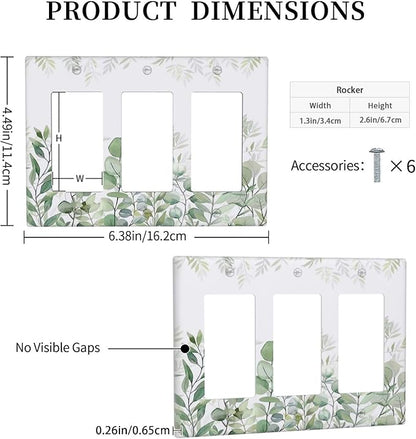 Green Eucalyptus Rustic Botanical Plant Leaves 3 Gang Rocker Boho Light Switch Covers Decorative Triple Outlet Wall Plate Cover Faceplate Decorative Switchplate GFCI for Country Bedroom Decor