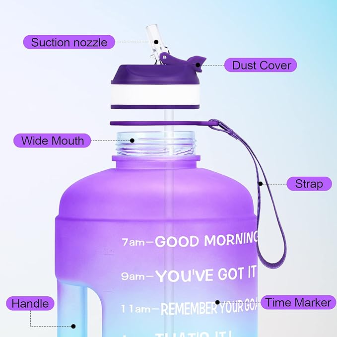 QuiFit Motivational Gallon Water Bottle - with Straw & Time Marker BPA Free Large Reusable Sport Water Jug with Handle for Fitness Outdoor Enthusiasts Leak-Proof